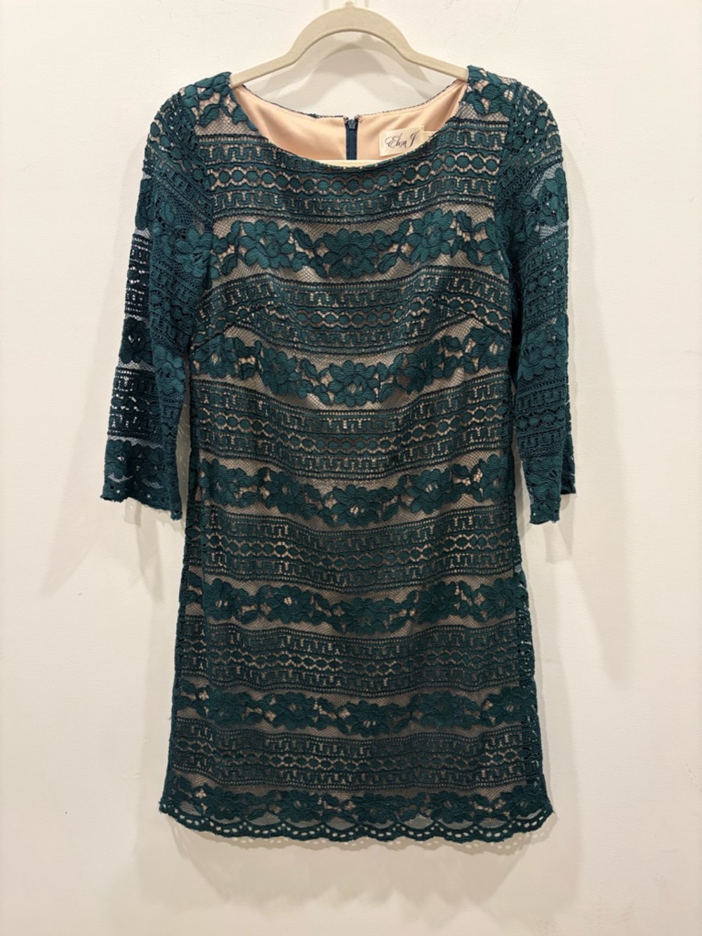 Eliza‎ J Emerald Green Lace Midi Dress with Nude Lining special occasion event